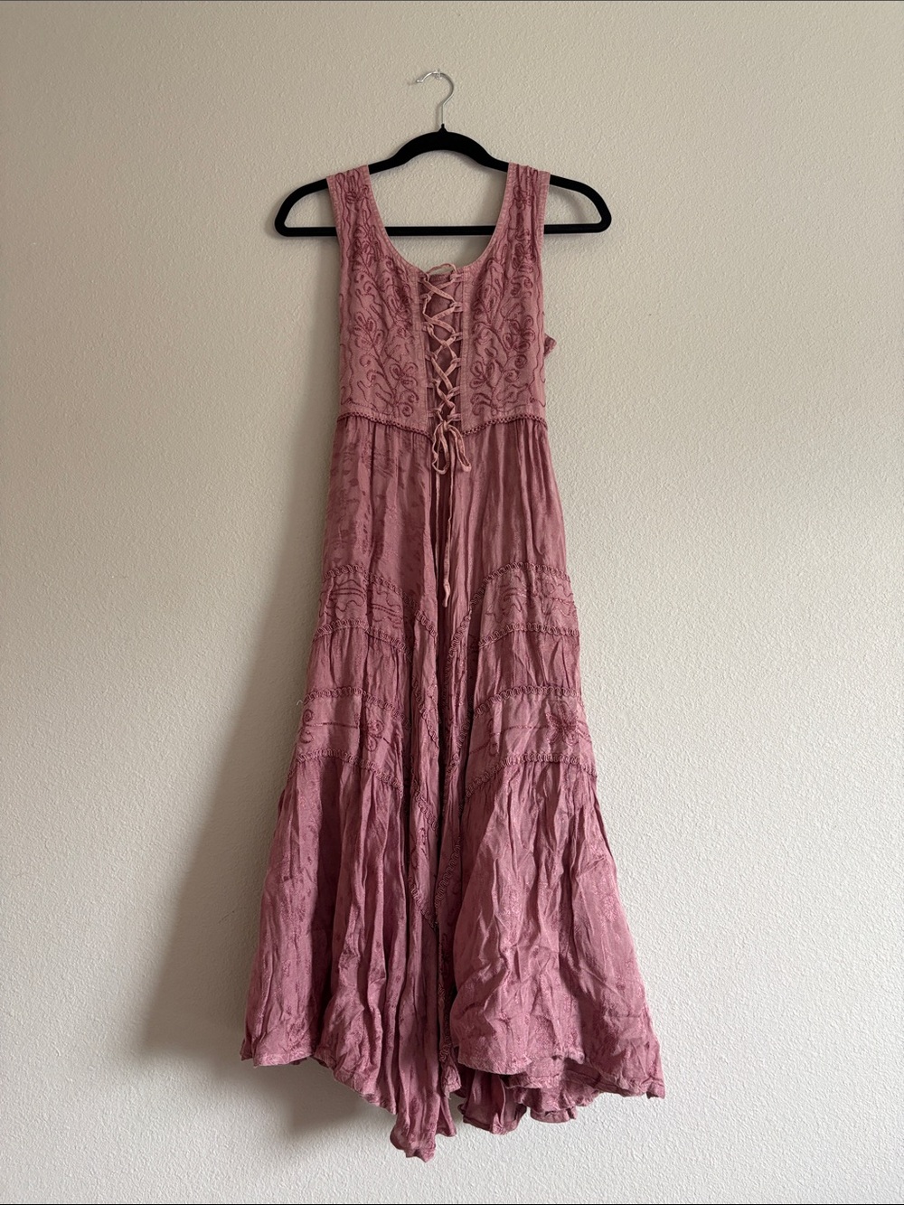 Scully Lace-Up Embroidered Maxi Dress in Dusty Rose